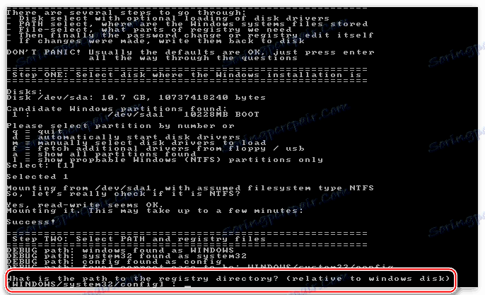 Wybierz folder z plikami rejestru w sekcji system w narzędziu Offline NT Password & Registry Editor, aby zresetować hasło w systemie Windows XP