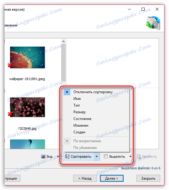 Сортування знайдених зображень в RS Photo Recovery