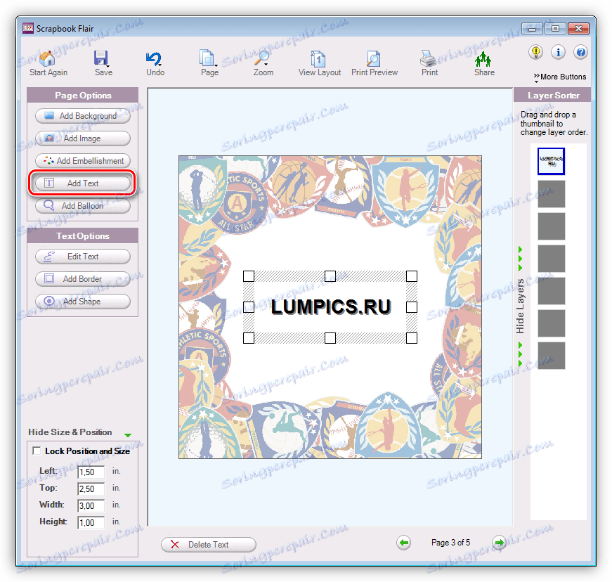 Přidání nápisu na stránku projektu v programu Scrapbook Flair