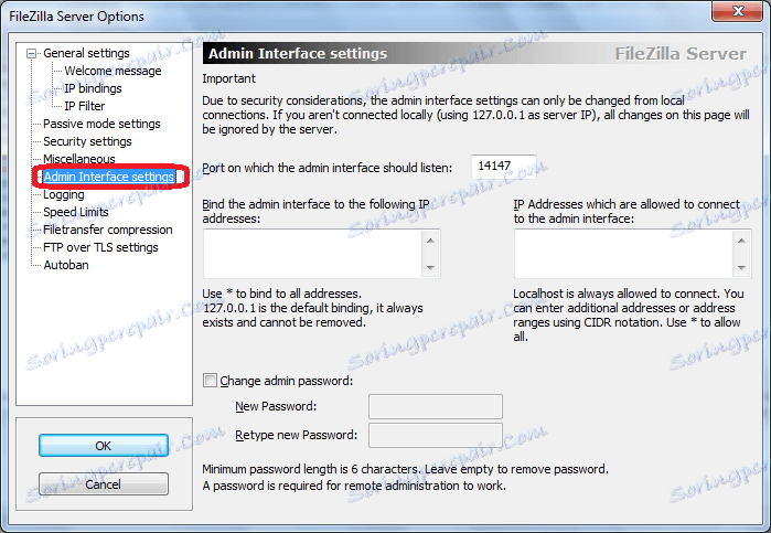 Admin Nastavenie rozhrania FileZilla Server