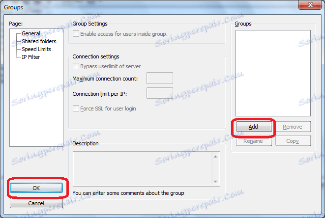 Úprava skupín na serveri FileZilla