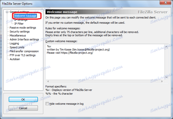 Uvítacia správa servera FileZilla