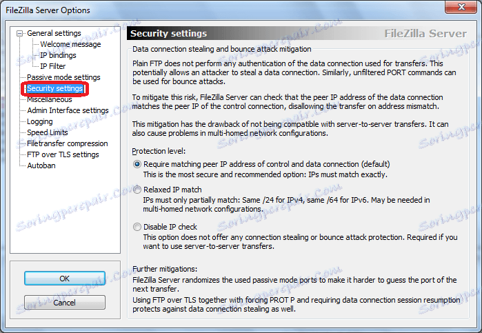 Program Nastavenia zabezpečenia FileZilla Server