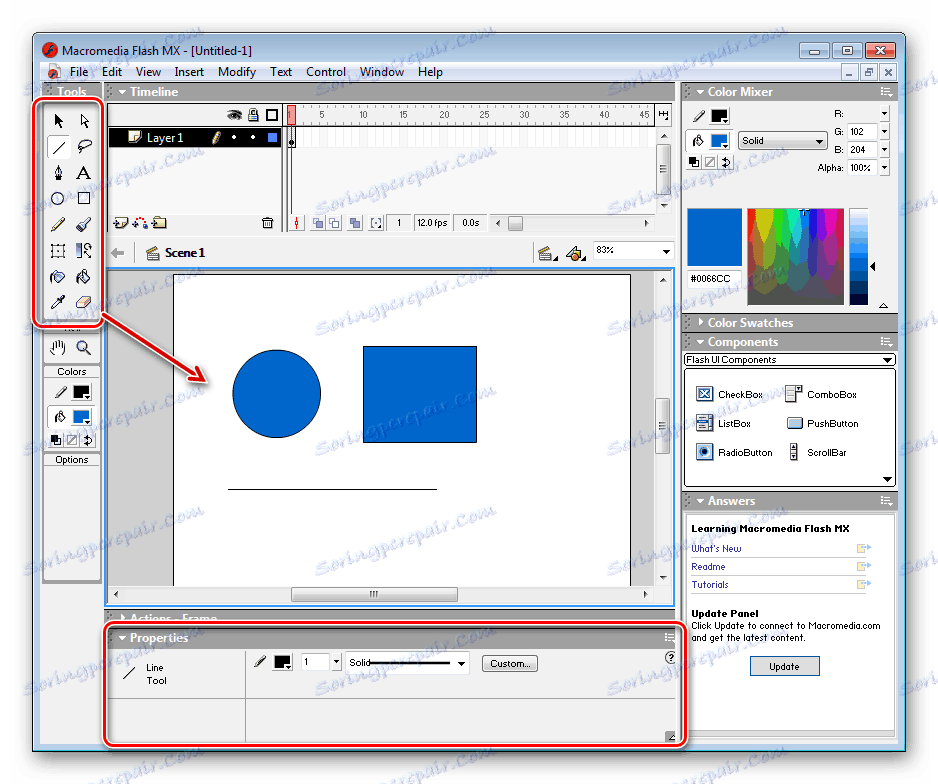 Лента с инструменти на Macromedia Flash MX