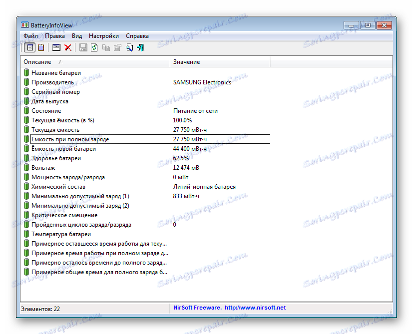 Hlavné okno okna BatteryInfoView