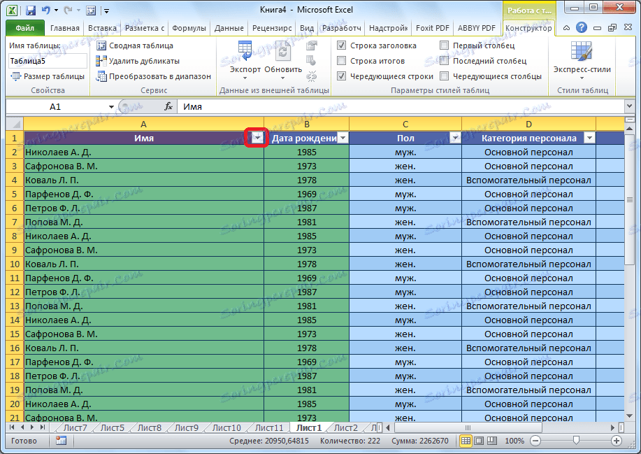 Фільтр в розумній таблиці в Microsoft Excel