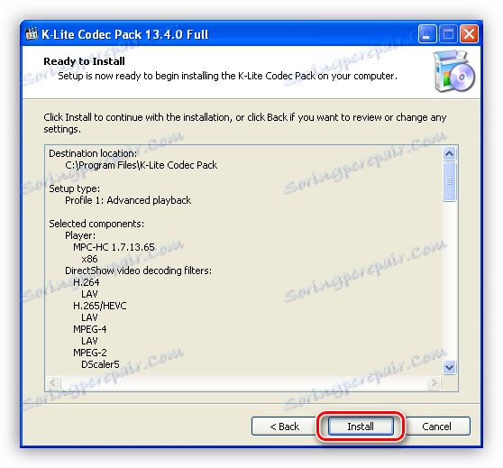 Informačné okno s vybratými možnosťami pri inštalácii najnovšej verzie balíka K-Lite Codec Pack pre systém Windows XP