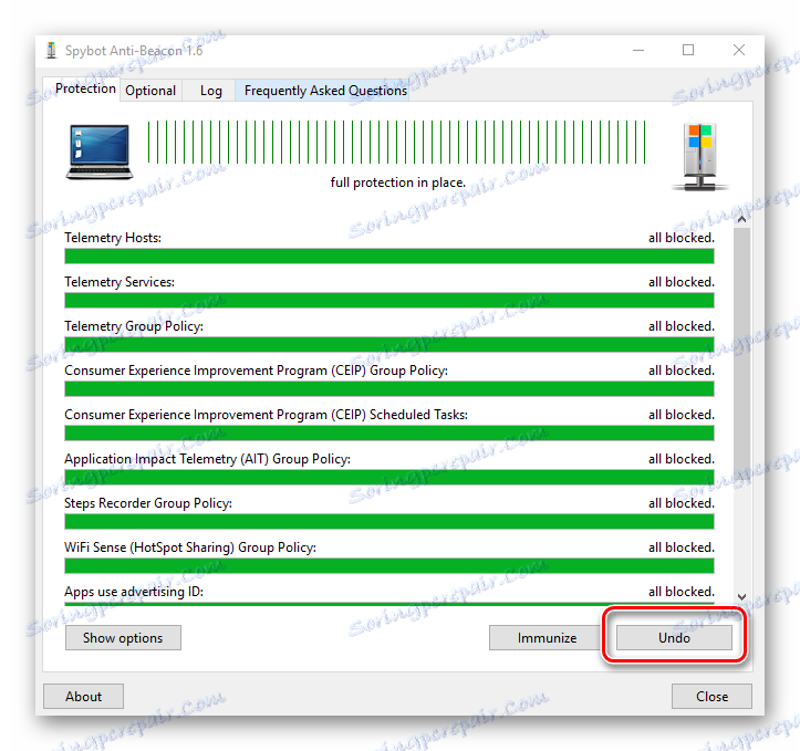 Spybot Anti-Beacon برای ویندوز 10 لغو تغییرات انجام شده
