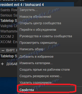 Prehod na lastnosti igre v programu Steam
