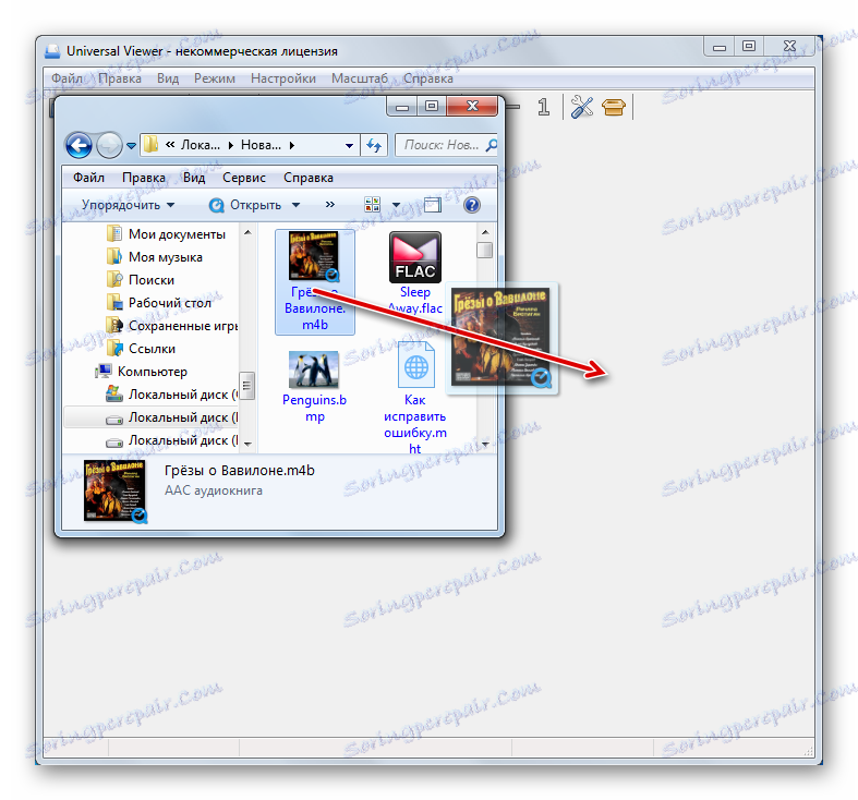 Przeciągnij i upuść plik audiobook M4B z Eksploratora Windows do okna Universal Viewer