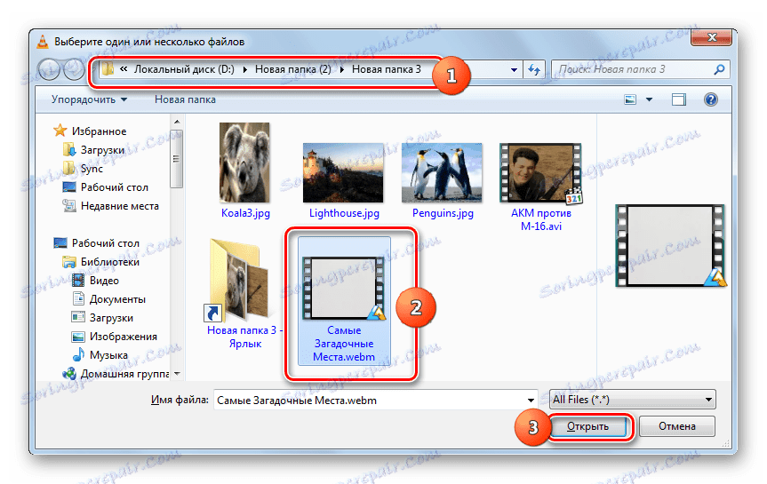 Прозорецът за добавяне на файл във VLC Media Player
