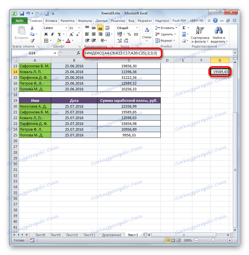 Результат обробки функції ІНДЕКС при роботі з трьома областями в Microsoft Excel