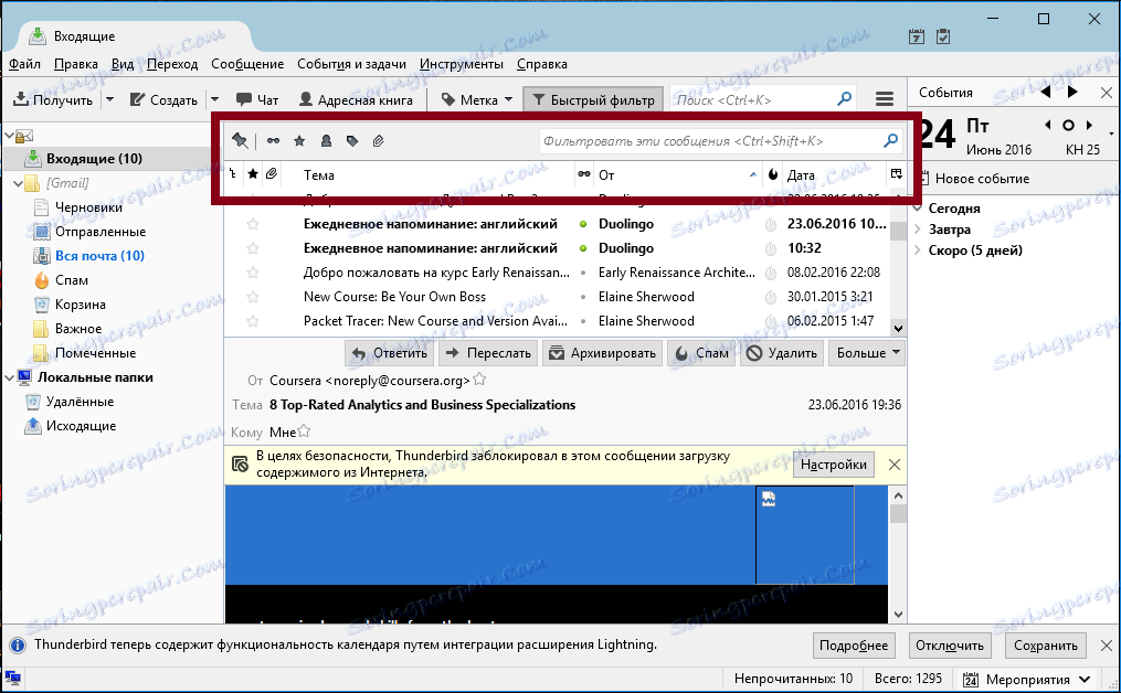 Triedenie v programe Thunderbird