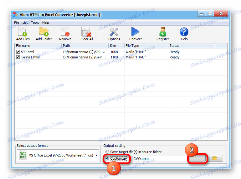 Отидете при избора на файловата директория за съхранение на файлове в Abex HTML to Excel Converter