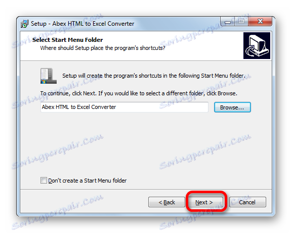 Прозорецът за задаване на показване на името в стартовото меню на Abex HTML to Excel Converter
