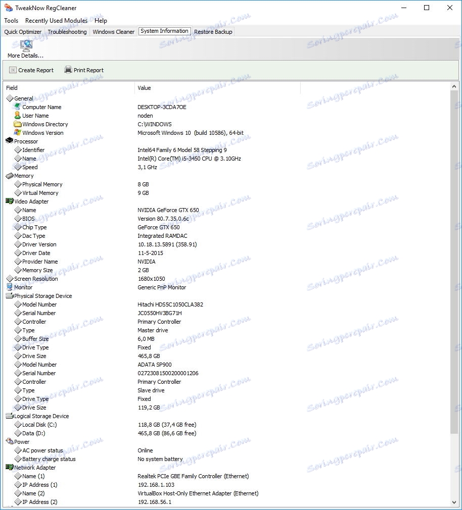 Systémové informácie v TweakNow RegCleaner