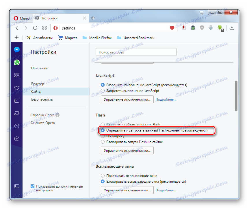 Běh Flash je povolen s omezeními v sekci servery v okně nastavení programu Opera