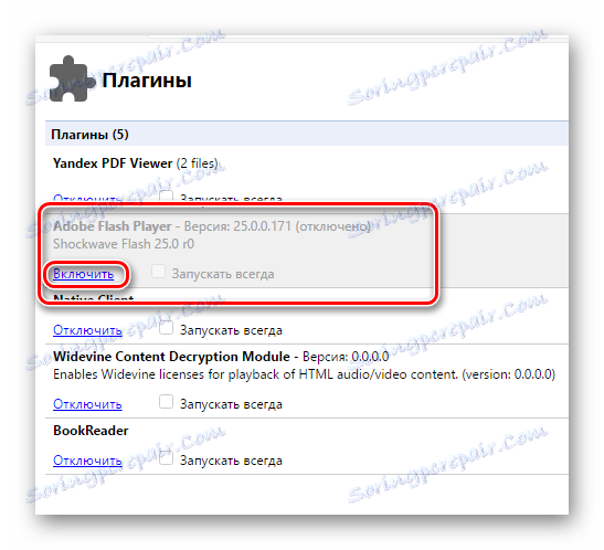Włączanie Flash Playera na stronie z wtyczkami w przeglądarce internetowej Yandex.Browser