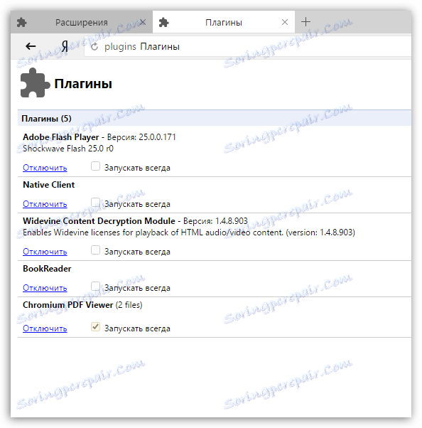 Перехід в меню управління плагінами яндекс.браузер