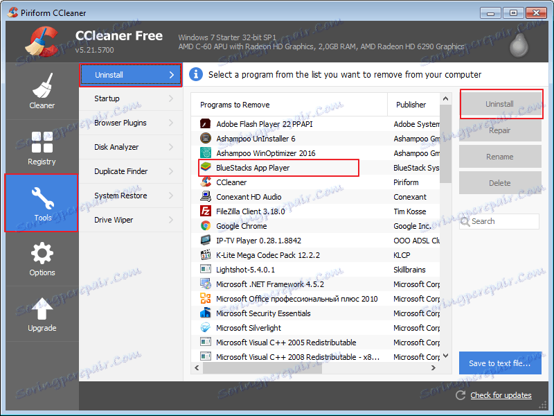 Odstranění BlueStacks pomocí nástroje CCleaner