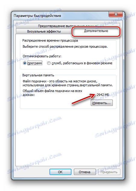 مقدار الذاكرة الظاهرية في علامة التبويب خيارات متقدمة في نافذة خيارات أداء Windows 7