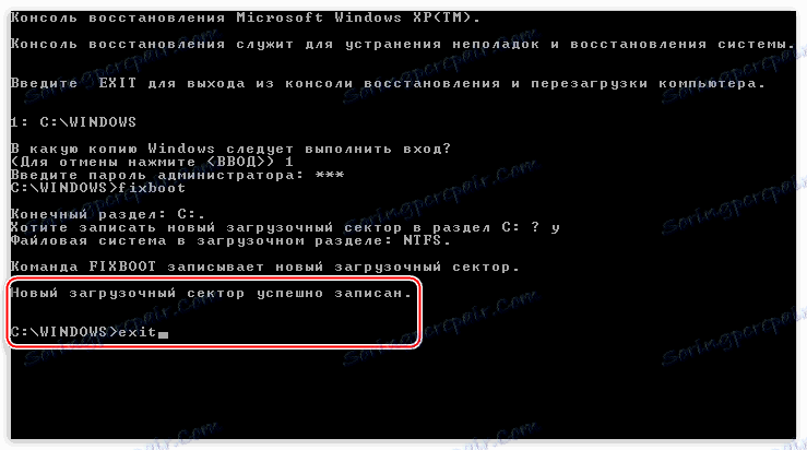 Správa o úspešných zmenách zavádzacieho sektora v konzole na obnovenie systému Windows XP