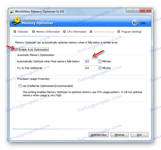 Ръчно настройте нивото на зареждане на главната памет за оптимизация в програмата WinUtillities Memory Optimizer