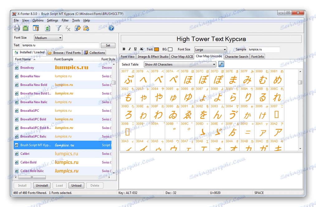 Zobrazení znaků v tabulce Unicode ve formátu X-Fonter