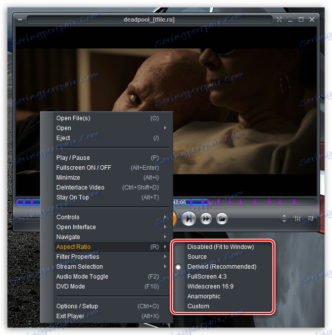 Promjena omjera slike u Zoom Playeru